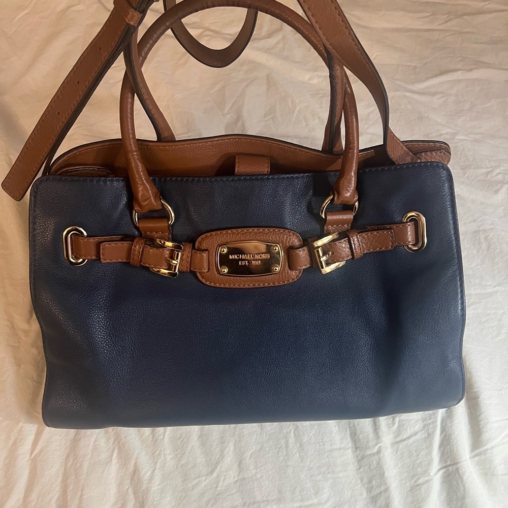 Michael Kors Navy & Brown Leather Satchel Tote Gold Hardware Detachable Strap